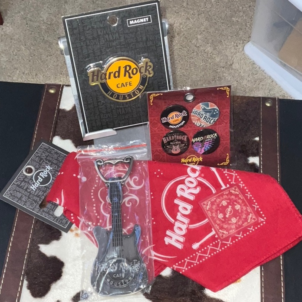 Hard Rock Cafe Houston Tx  Bottle Opener, Magnet, Bandanna & Pin Set